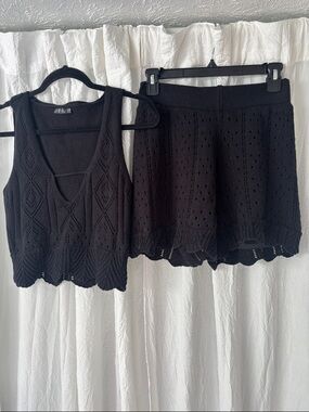 VENUS Black Crochet Knit Sleeveless Crop Top and matching shorts